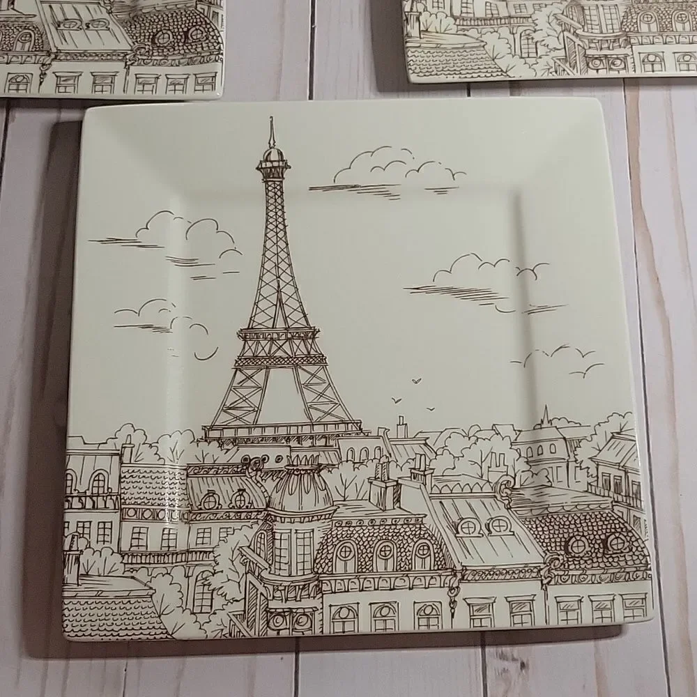 222 Fifth CITY SCENES Sepia Appetizer/dessert PARIS Eiffel Tower Plates Lot 4